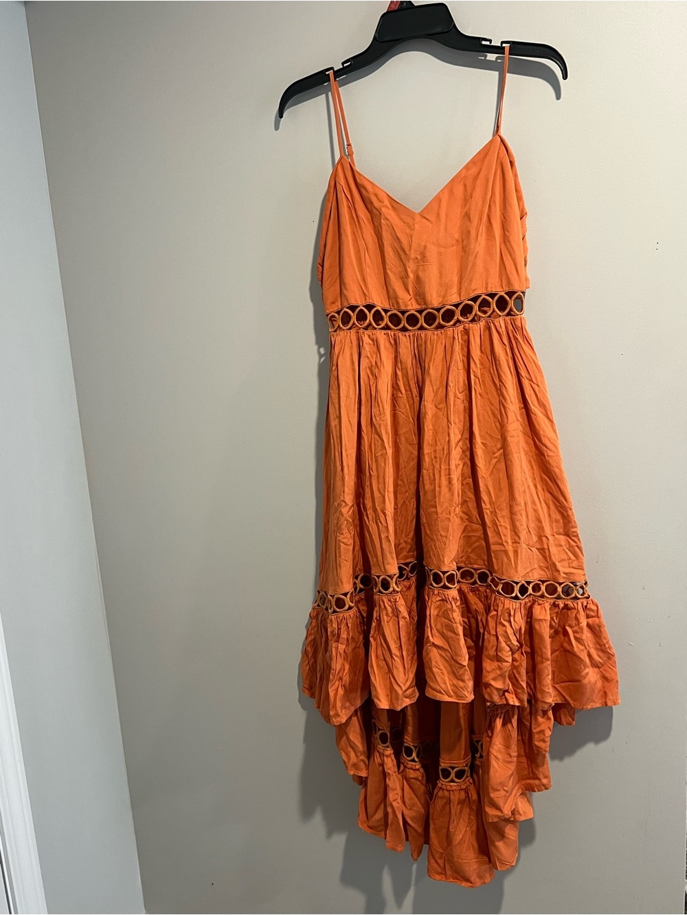 Main Strip Orange Spaghetti-Strap High-Low Dress